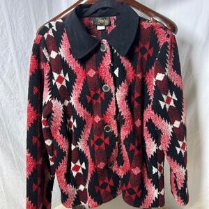 David Paul Black and‎ red vintage Aztec print wool blend jacket with collar